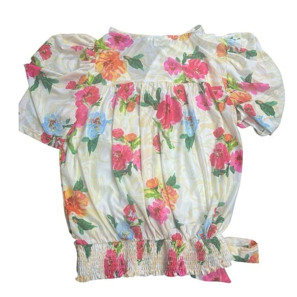 Willow + Root Floral Puff Sleeve Wrap Blouse Size L Tie Waist Boho Romantic Top - Picture 6 of 6